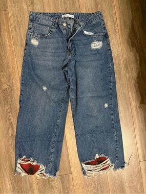 Zara Medium Blue Distressed Cropped Jeans with Red Plaid Accents